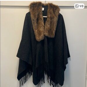 J. Crew Charcoal Poncho with Faux Fur Trim